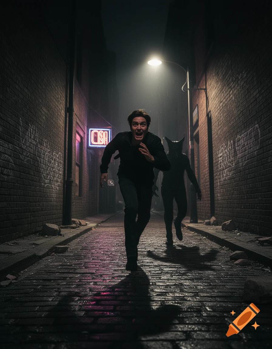 A man with a scared expression runs down a dark, wet alleyway, chased by a shadowy horned creature under a street lamp.