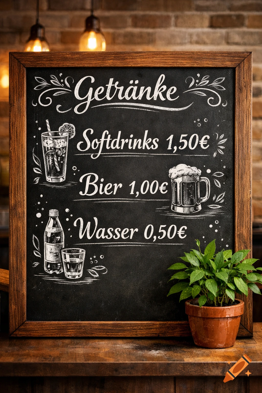 Photorealistic chalkboard menu displaying Softdrinks 1,50€, Bier 1,00€, Wasser 0,50€ with illustrations and a potted plant.