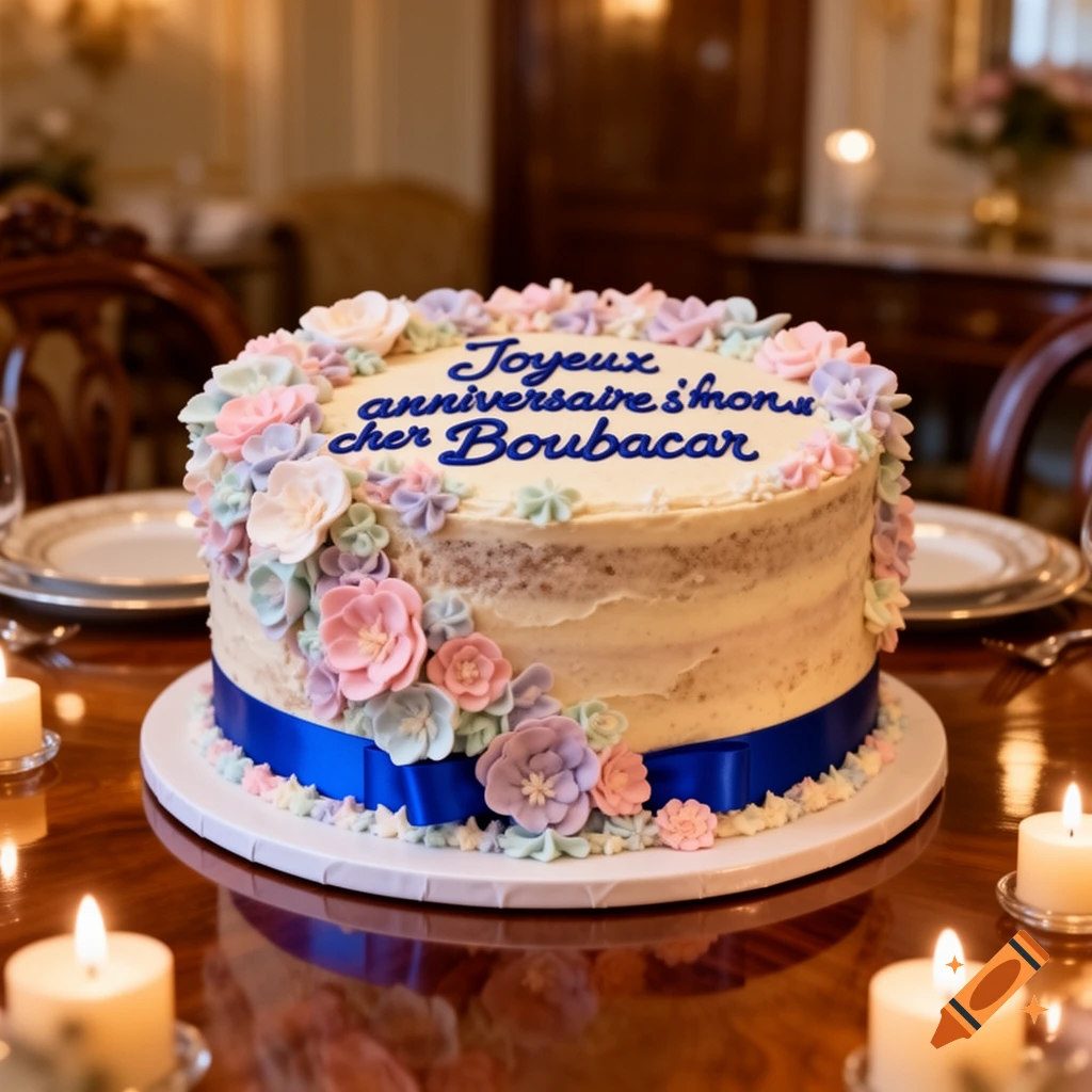 A photorealistic birthday cake, decorated with pastel flowers and a blue ribbon, sits on a polished table with candles. Text reads: Joyeux anniversaire s'mon cher Boubacar.
