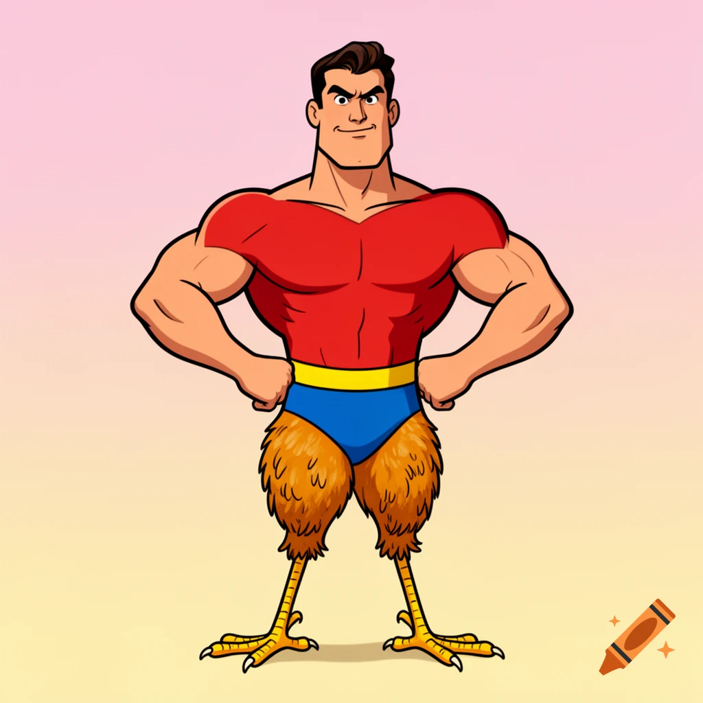 A muscular cartoon man with a red shirt and blue briefs, sporting fuzzy brown chicken legs and feet, hands on hips.