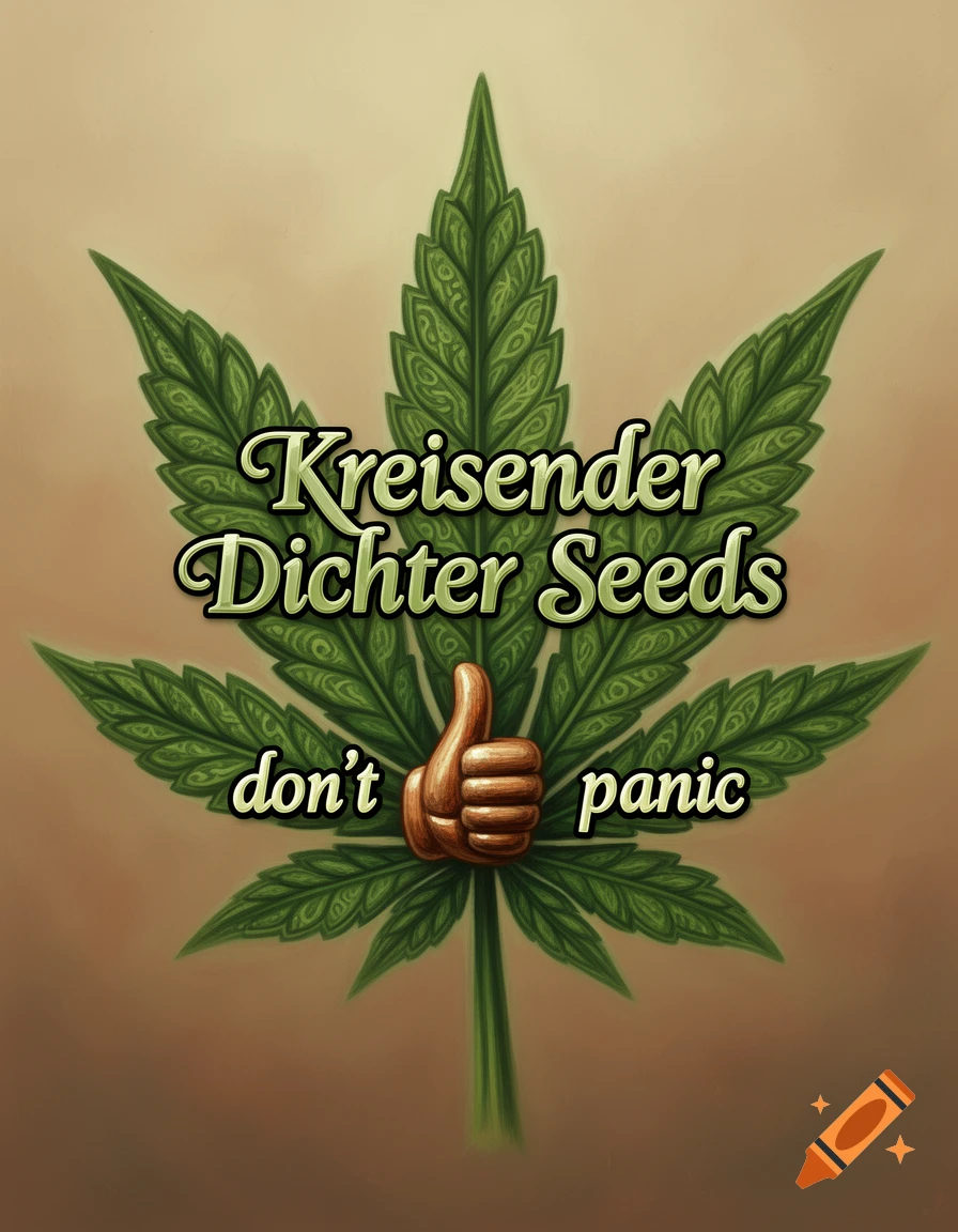 A green stylized cannabis leaf with the text "Kreisender Dichter Seeds" above a thumbs-up icon and the words "don't panic" on a brown background.