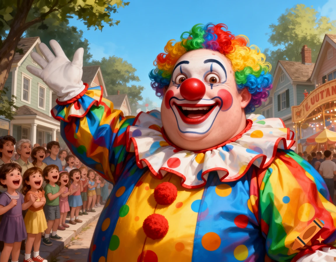 A cheerful clown with a colorful wig and polka-dot outfit waves to a crowd of smiling children at a sunny carnival, digital art.