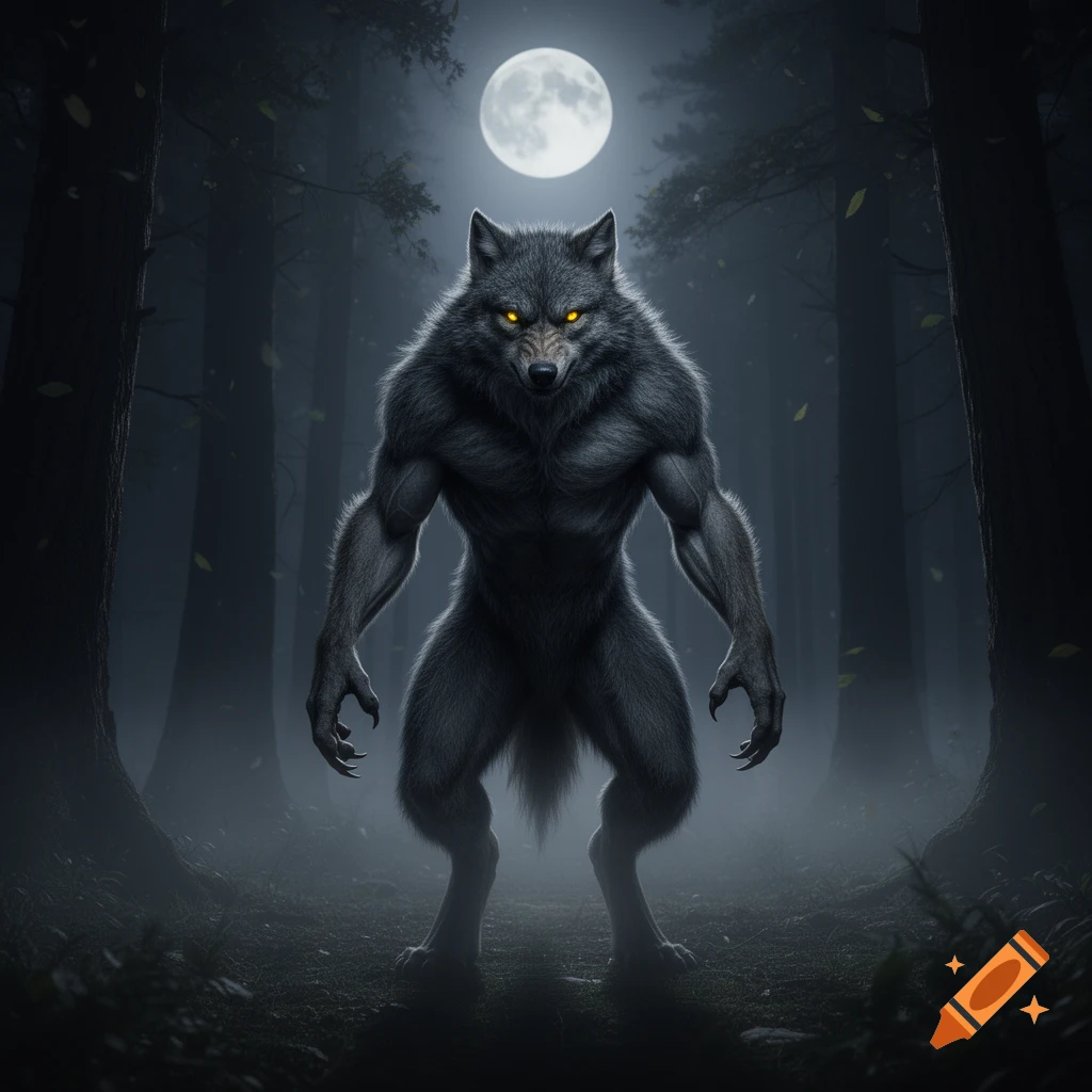 A muscular grey werewolf with glowing yellow eyes stands in a dark, misty forest under a full moon in a photorealistic style.