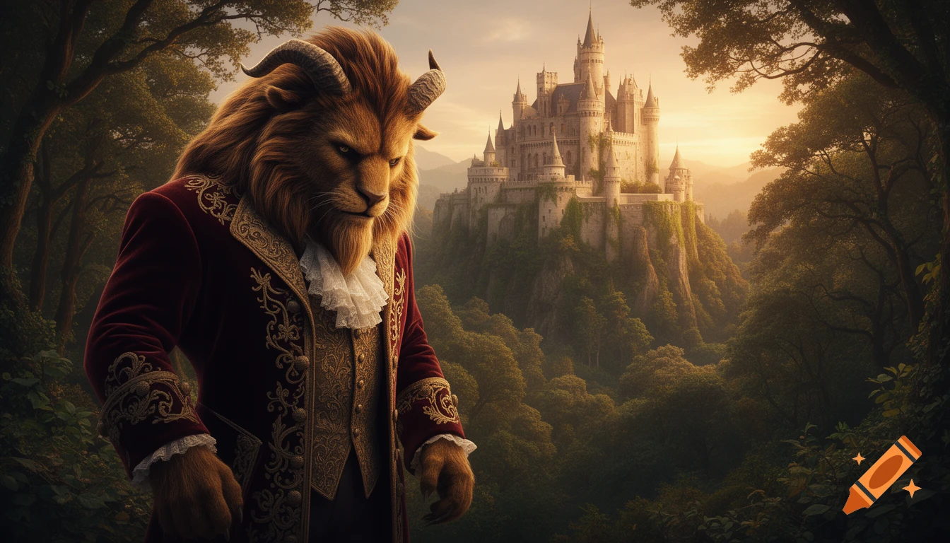 The Beast in a regal red and gold jacket stands in a lush forest with a grand castle on a cliff at sunset.