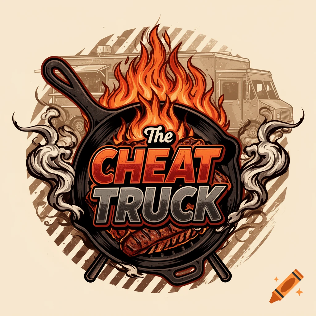 A stylized logo for 'The Cheat Truck' with a flaming cast iron pan containing sausages, and a food truck in the background, on a striped badge.