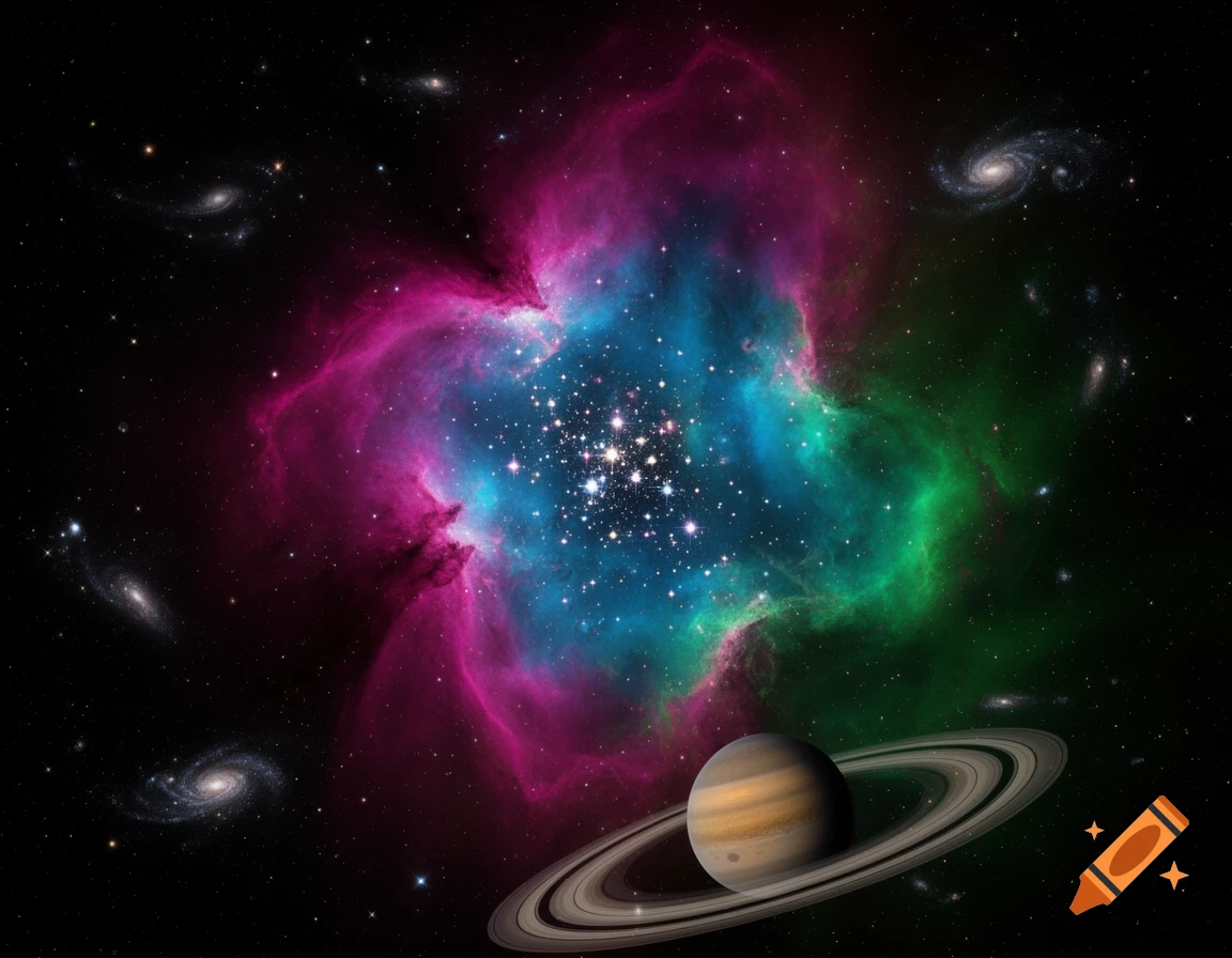 A vibrant nebula in shades of pink, blue, and green, with a ringed planet and distant spiral galaxies.