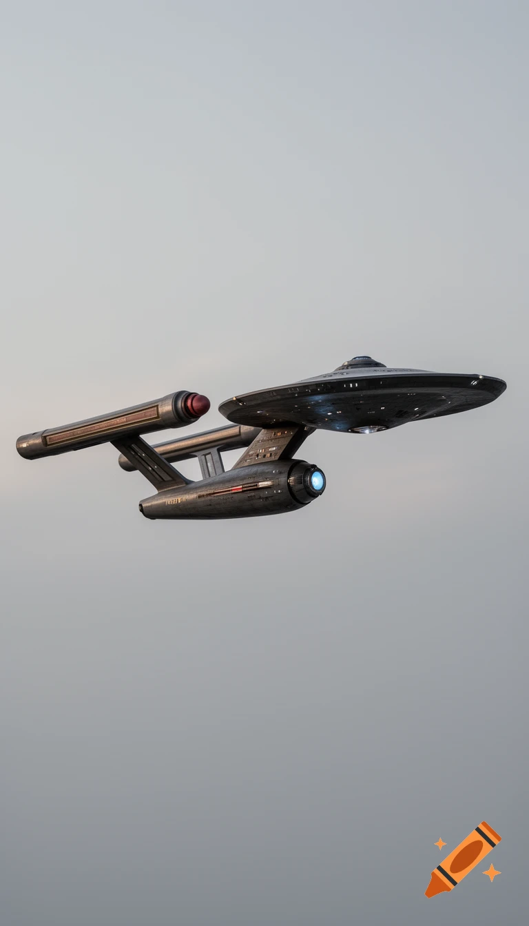 A detailed view of a USS Enterprise-like spaceship against a plain light grey sky, seen from the side.
