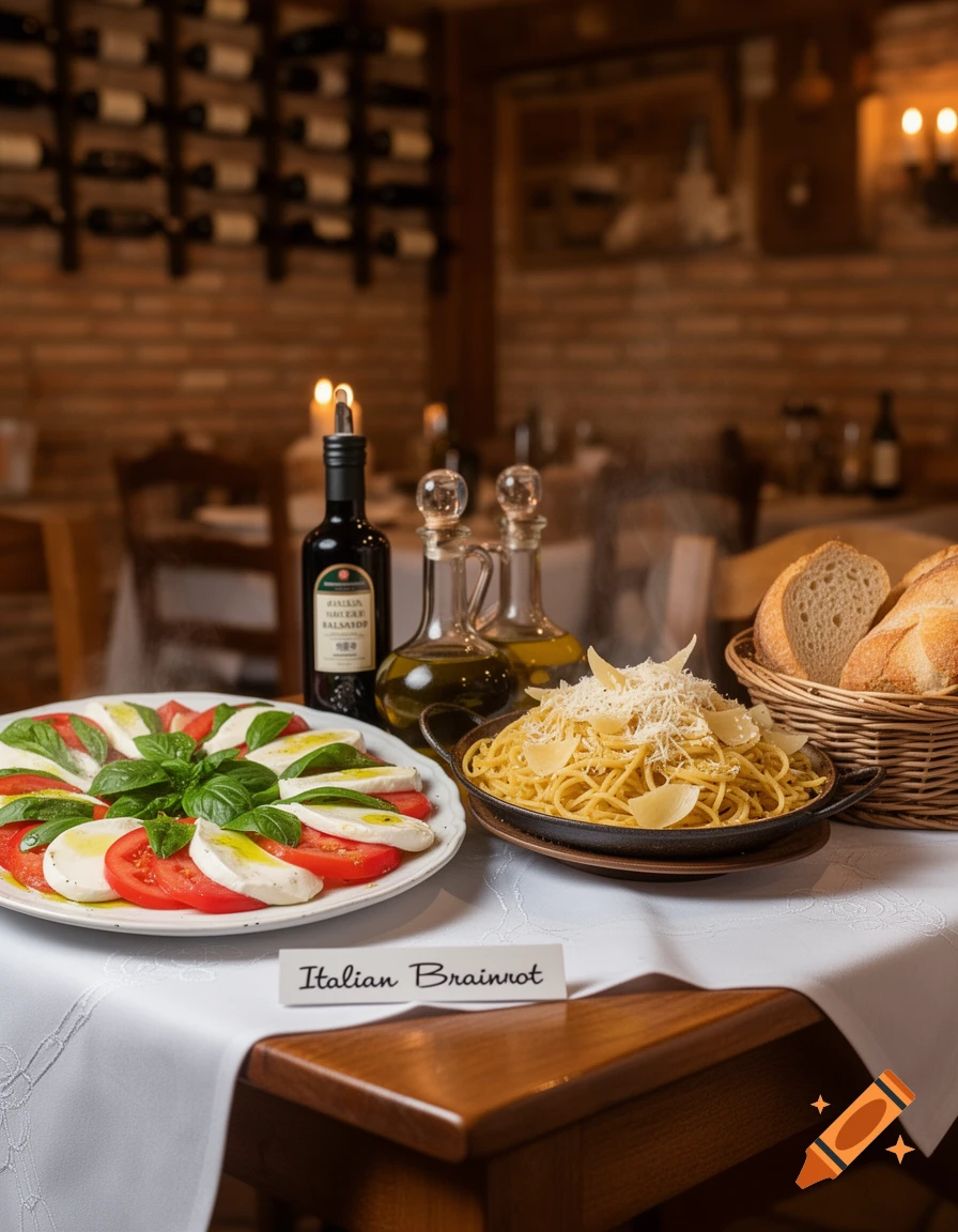 A plate of caprese salad, a bowl of spaghetti with cheese, a basket of bread, and a balsamic vinegar bottle on a table with a sign that reads "Italian Brainrot" in a restaurant setting.