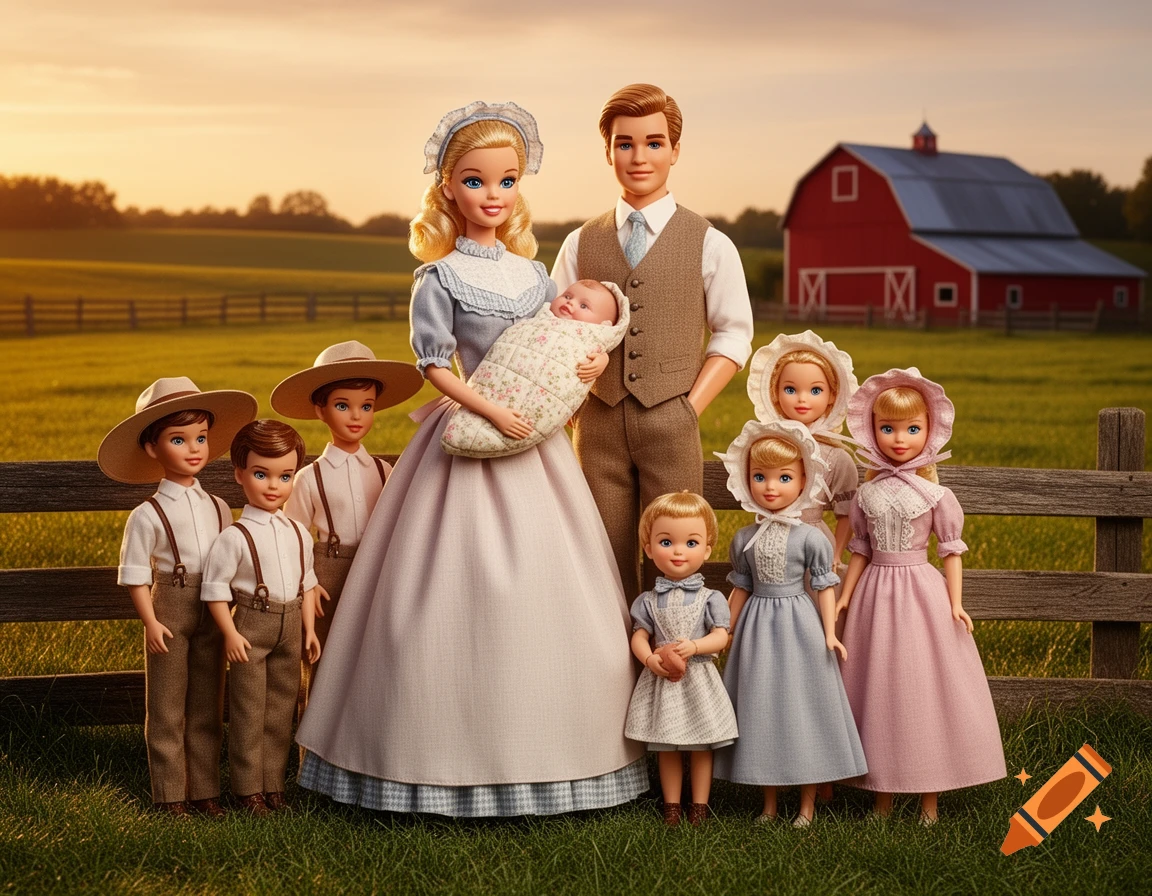 Barbie and Ken dolls with seven children in prairie clothes on a farm, with a red barn at sunset.