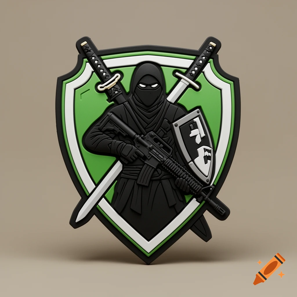A stylized 3D rubber patch features a black phantom ninja holding a rifle, with two katanas crossed behind a green and white shield.