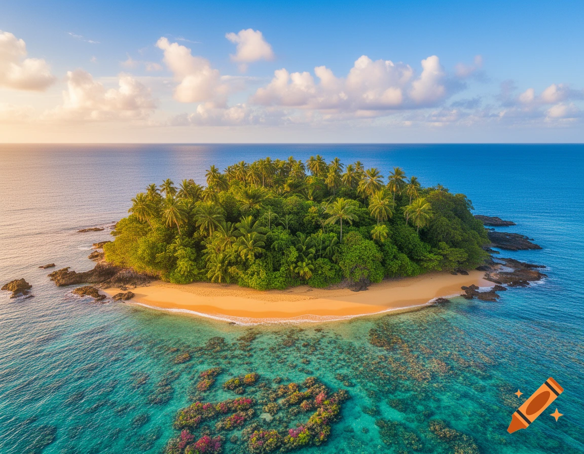 Aerial view of a pristine tropical island with a golden sand beach, lush palm trees, and clear turquoise ocean water with visible coral reefs.