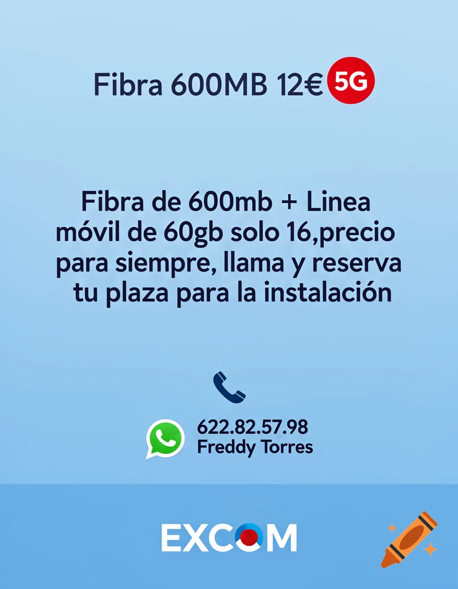 Promotional graphic for Excom offering 600MB fiber and 60GB mobile line for 12, with contact information.