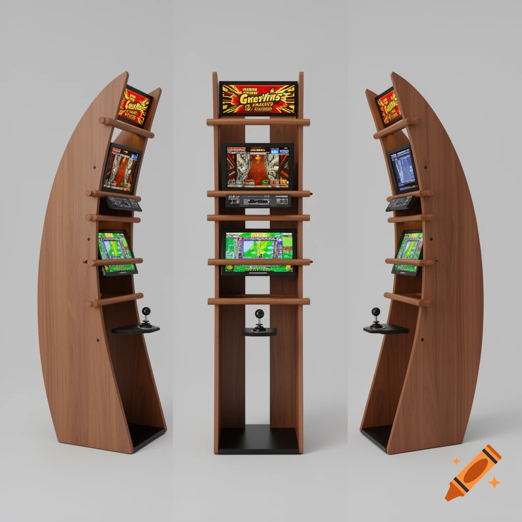 Three views of a modern wooden arcade cabinet with a curved frame, screens displaying pixel art games, and a joystick.