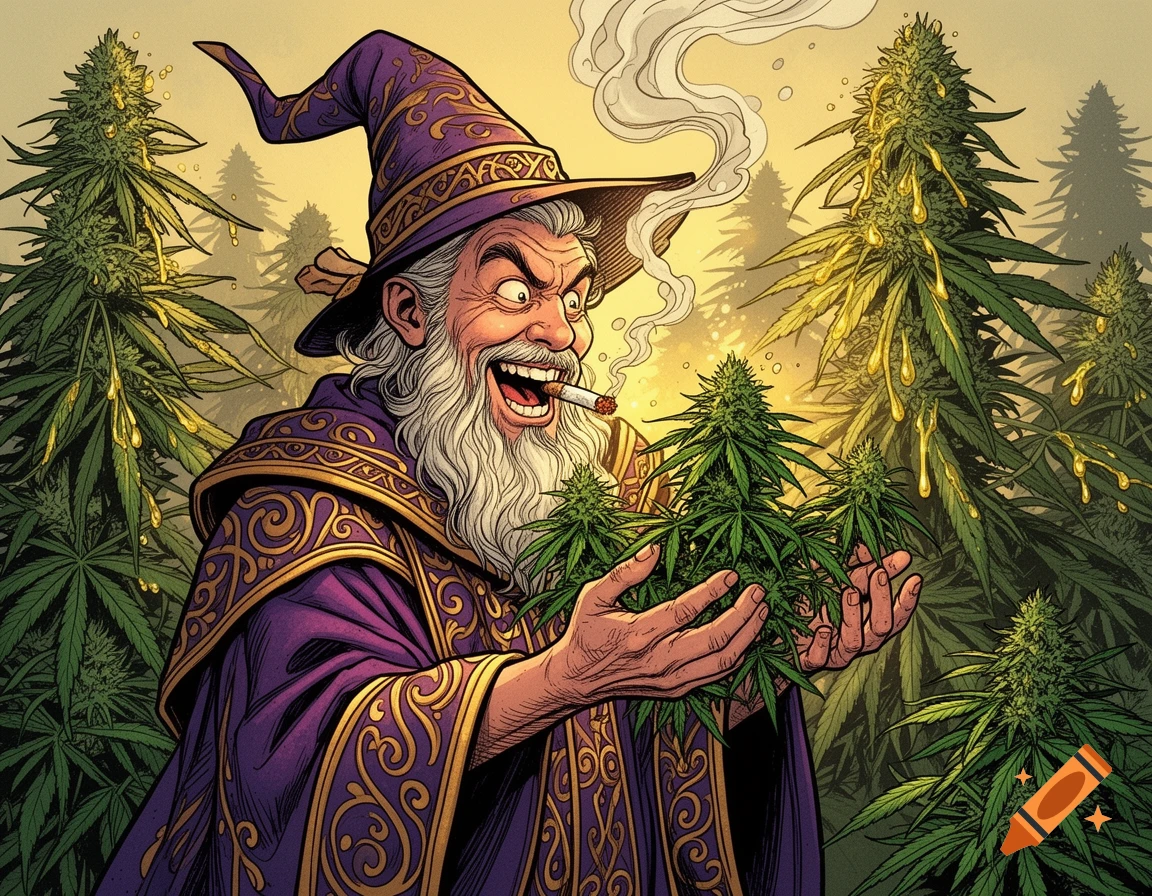 Comic art of a wizard in purple robes and hat smoking a joint, happily holding cannabis buds among blooming plants.