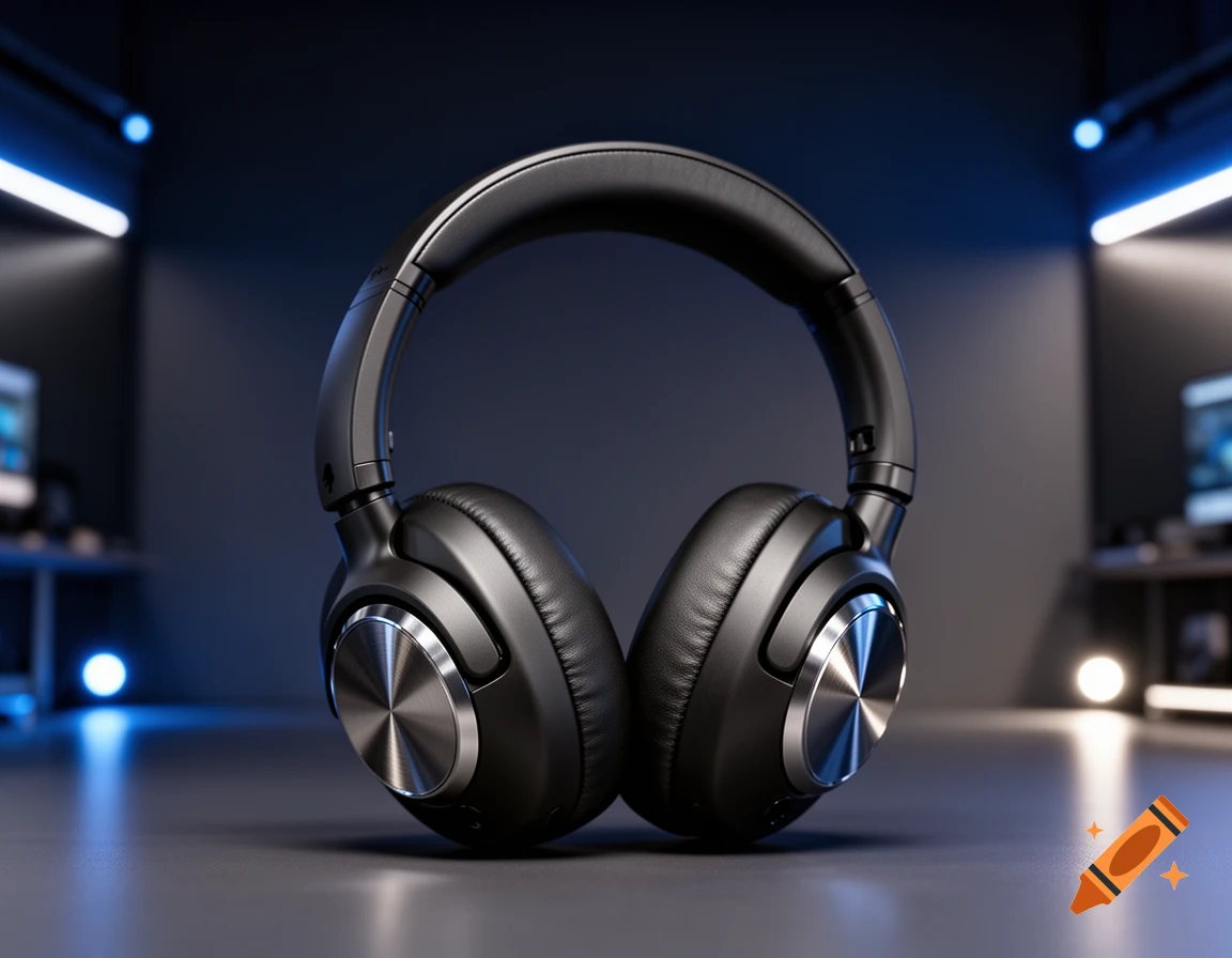 Black over-ear headphones with silver accents sit on a dark surface in a blue-lit room, photorealistic.