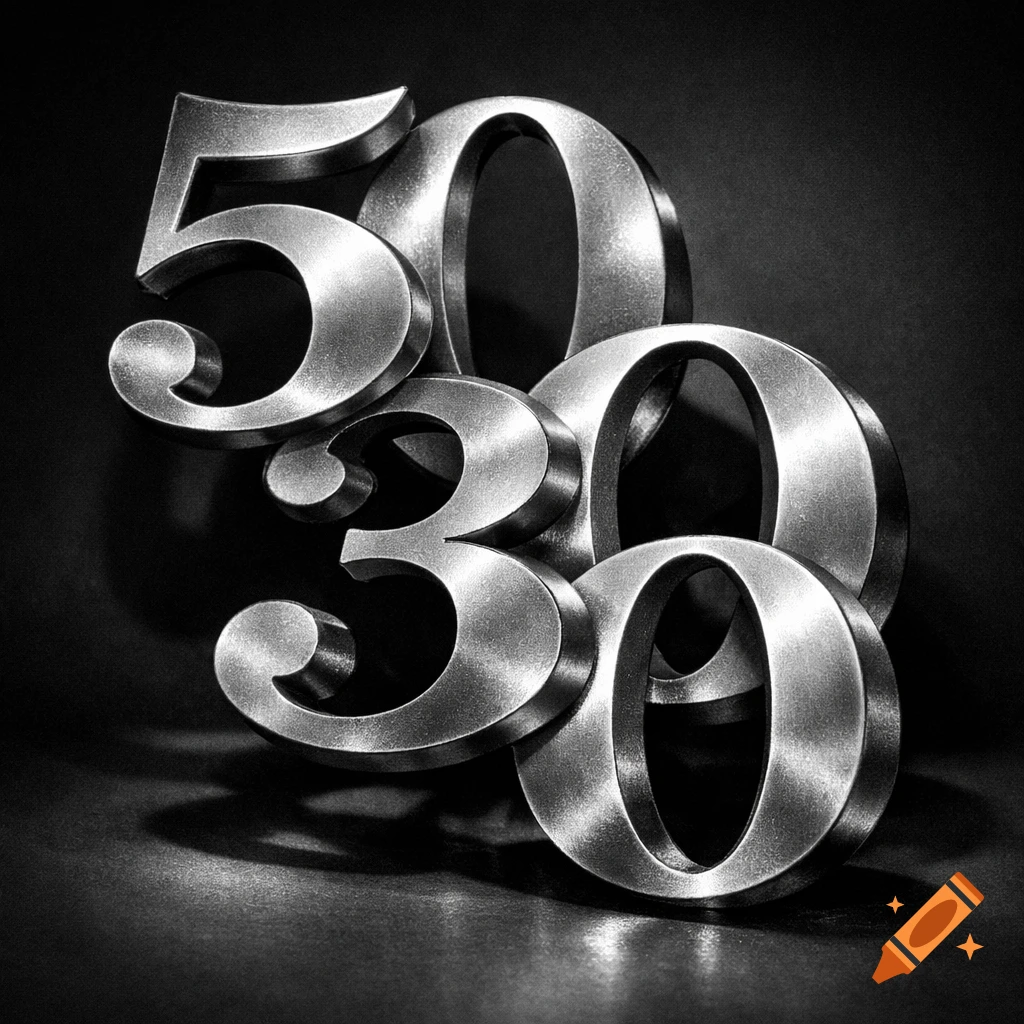 Black and white image of entangled, metallic 3D numbers 50, 30, and 20.