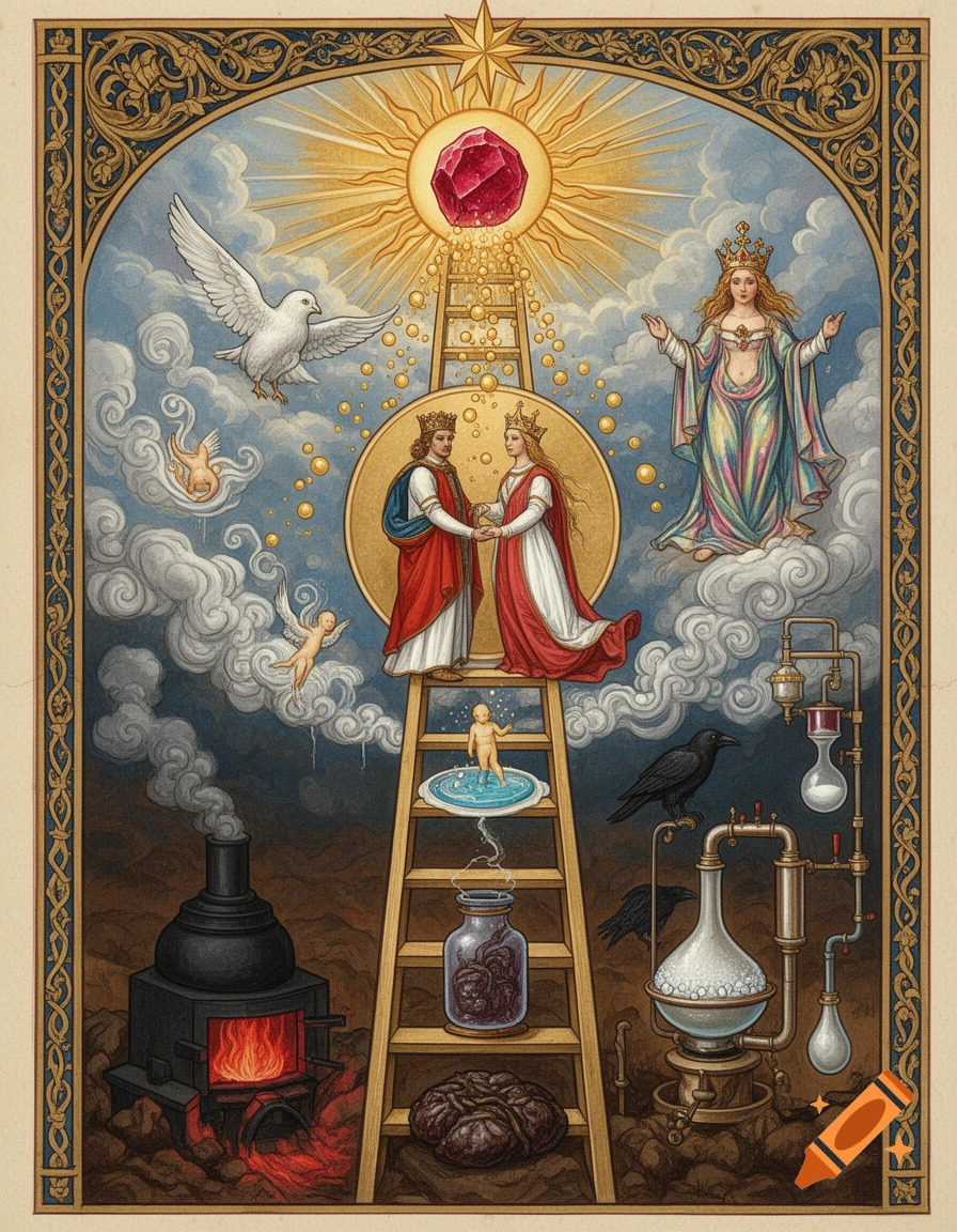 A richly detailed alchemical manuscript page with a golden ladder connecting an underworld furnace to a celestial sun with a red stone. Features a king and queen, alchemical apparatus, and symbolic figures in an illuminated manuscript style.