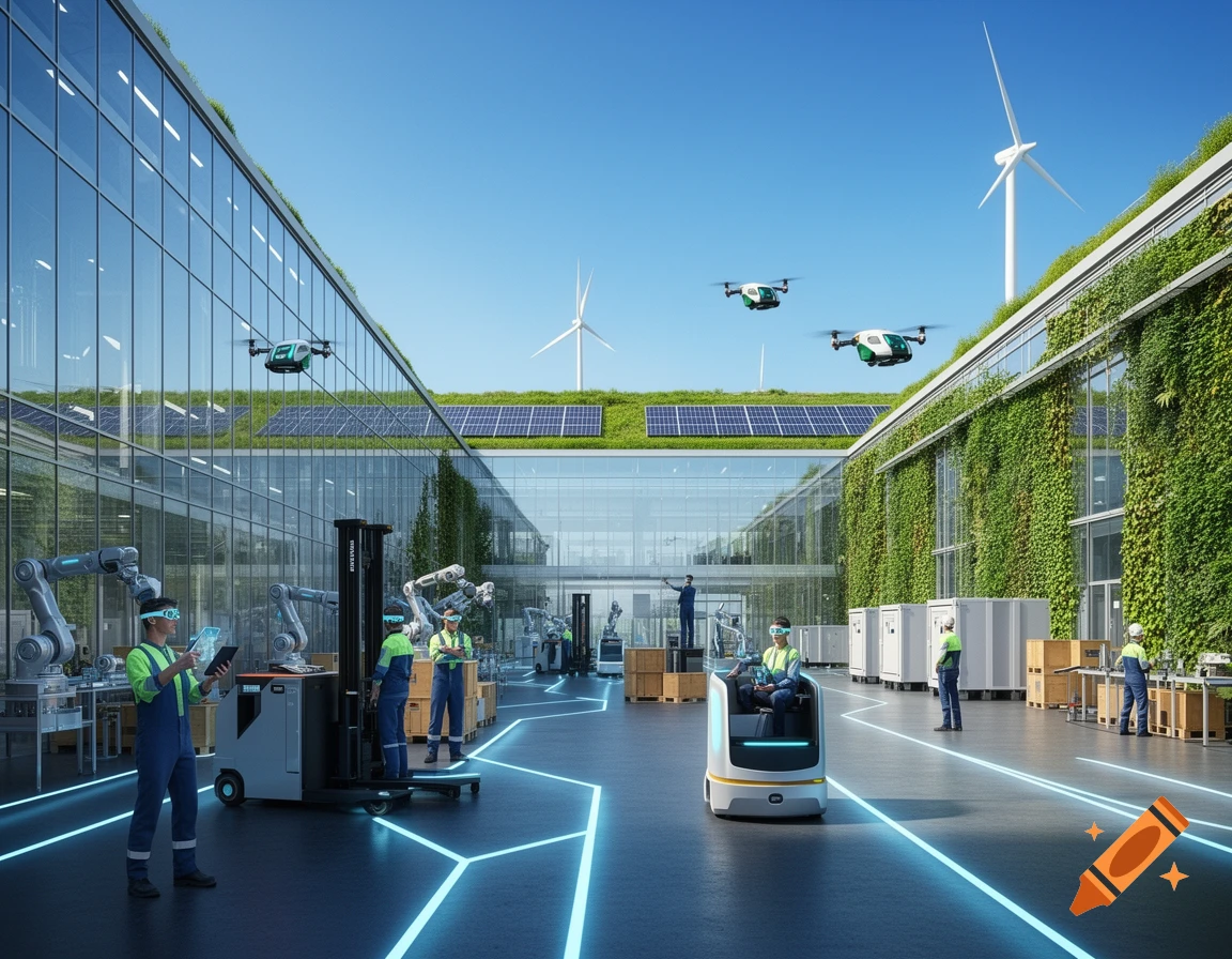 A futuristic, sustainable industrial complex with green roofs, solar panels, vertical gardens, workers in AR glasses, autonomous robots, drones, and forklifts.