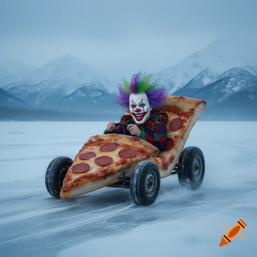 A clown with colorful hair and a wide grin drives a car made of a giant pizza slice across a snowy, icy plain with mountains.