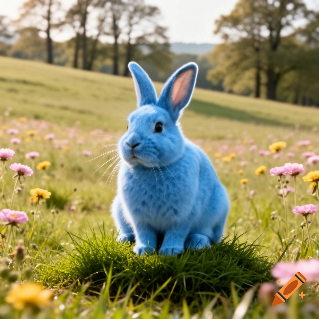 A fluffy blue rabbit sits on a patch of green grass in a sunlit field filled with colorful wildflowers, with trees in the background.
