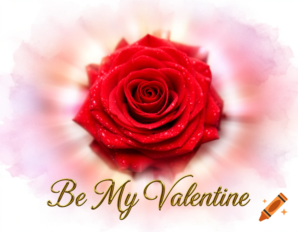 Vibrant red rose with water droplets on a soft pink and white background. Golden cursive text reads 'Be My Valentine'.