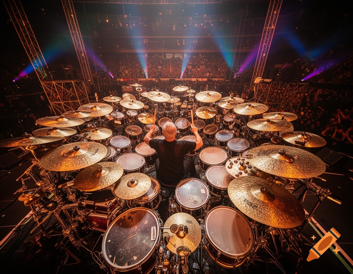 Overhead view of a drummer playing an enormous, elaborate drum kit on a brightly lit concert stage with a crowd.