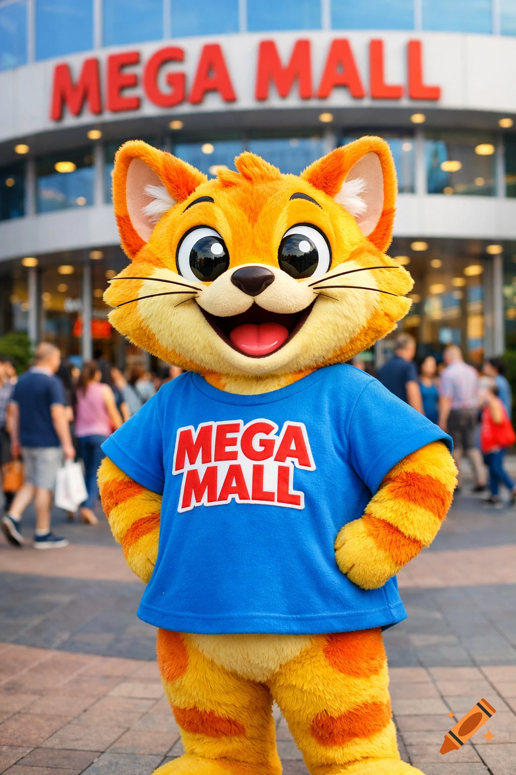 A cheerful orange cat mascot in a blue "MEGA MALL" t-shirt stands smiling in front of a shopping mall.