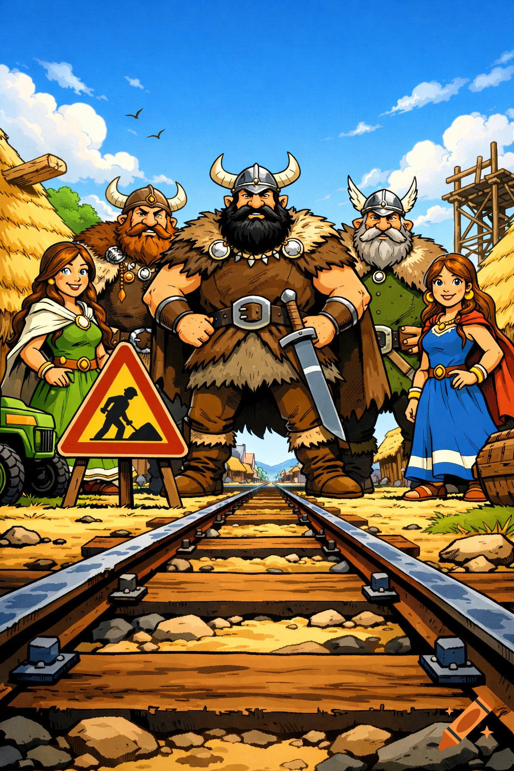 Three heroic Viking men and two Celtic women in comic art style, standing confidently near railway tracks with a construction sign in a sunny village.