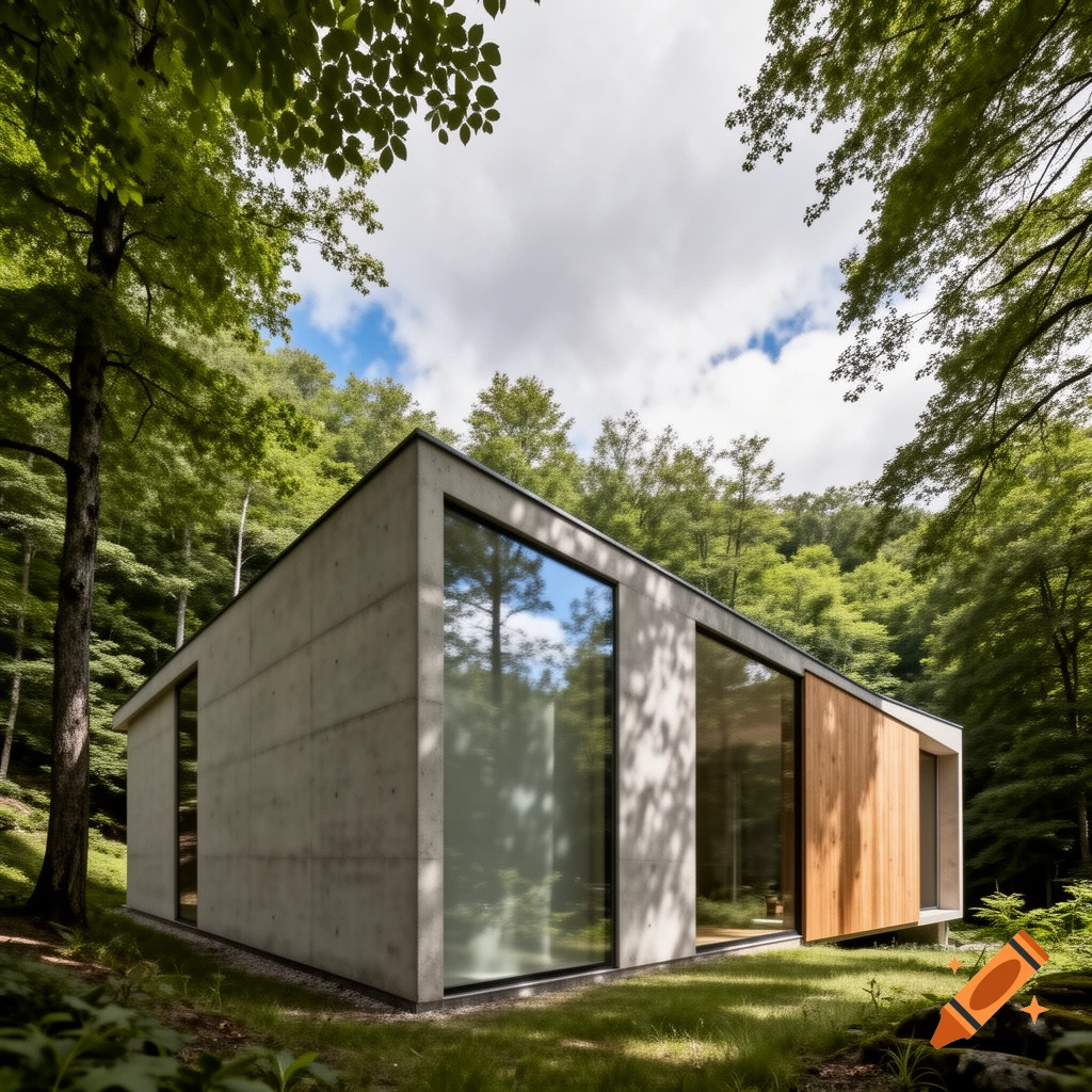 Modern concrete and wood house with large windows nestled in a lush ...