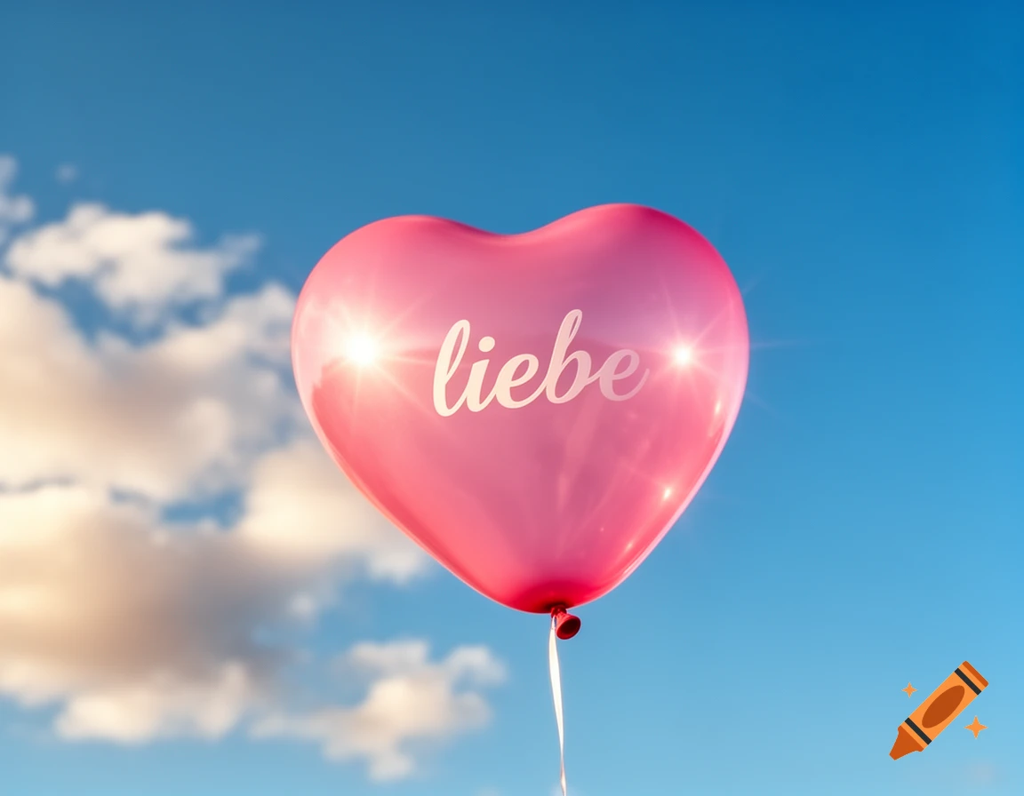 A pink heart-shaped balloon with 'liebe' written on it, floating against a bright blue sky with soft clouds.