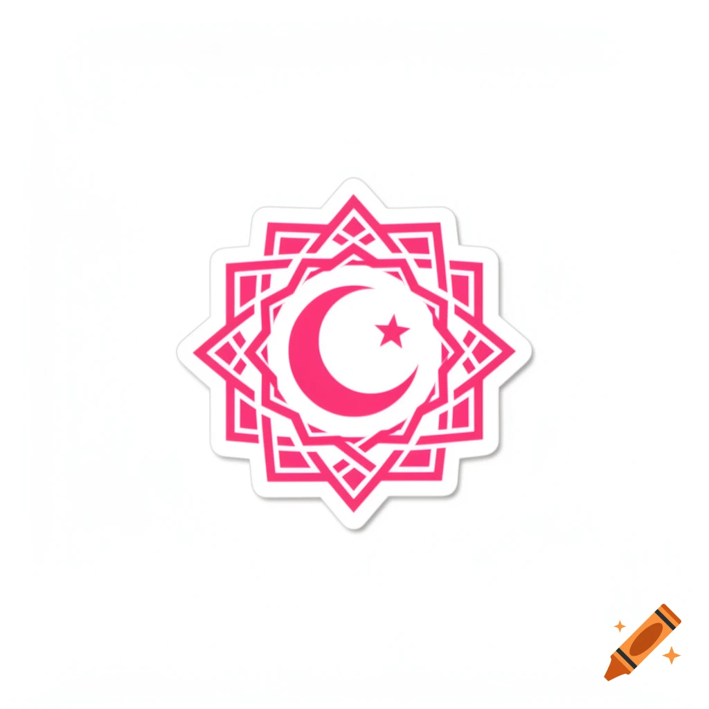A pink crescent moon and star symbol centered within a white-outlined pink geometric Islamic pattern on a white background, resembling a sticker.