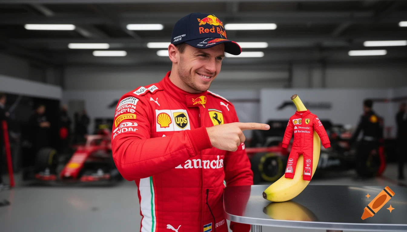 A man in a Ferrari race suit and Red Bull cap points at a banana wearing a miniature Ferrari race suit on a table in a garage.