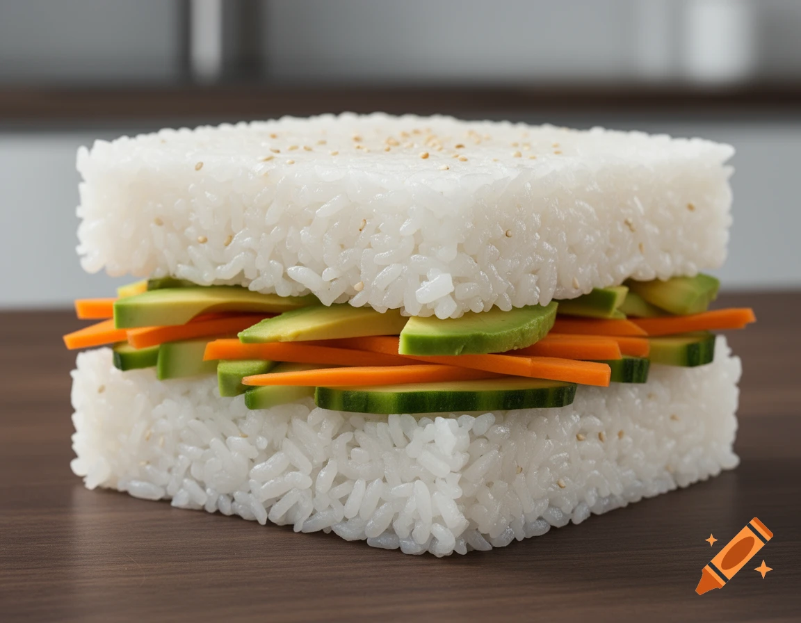 A square sandwich made of white rice, avocado slices, carrot sticks, and cucumber slices, topped with sesame seeds on a wooden table.