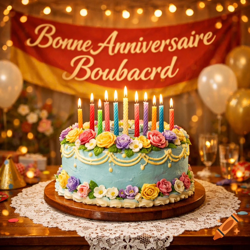 A blue birthday cake with colorful frosting flowers and lit candles sits on a lace doily, with a red banner in the background reading "Bonne Anniversaire Boubacrd" and balloons and fairy lights completing the festive scene.
