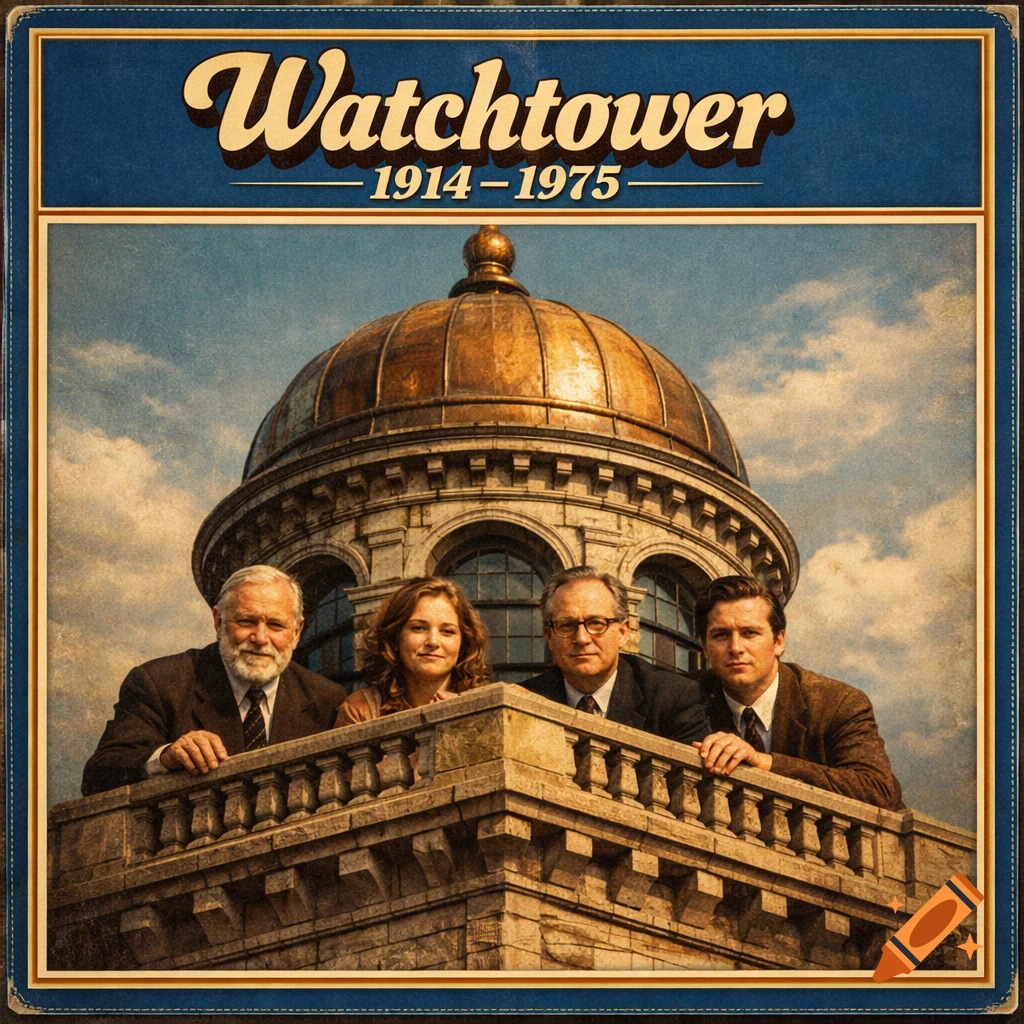 Vintage album cover titled 'Watchtower 1914-1975' showing four people on a stone balcony of a domed building.