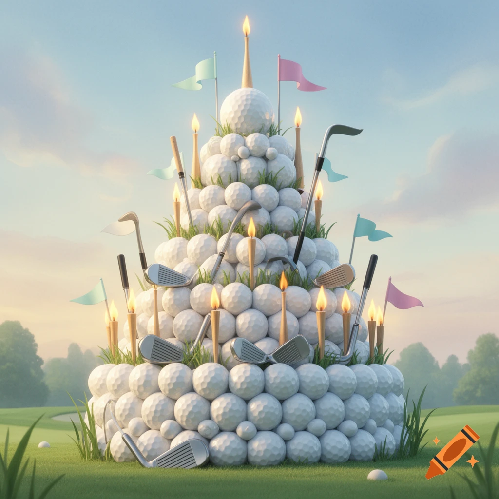 A tiered birthday cake made of golf balls and golf clubs, adorned with candles and small flags, on a green golf course.