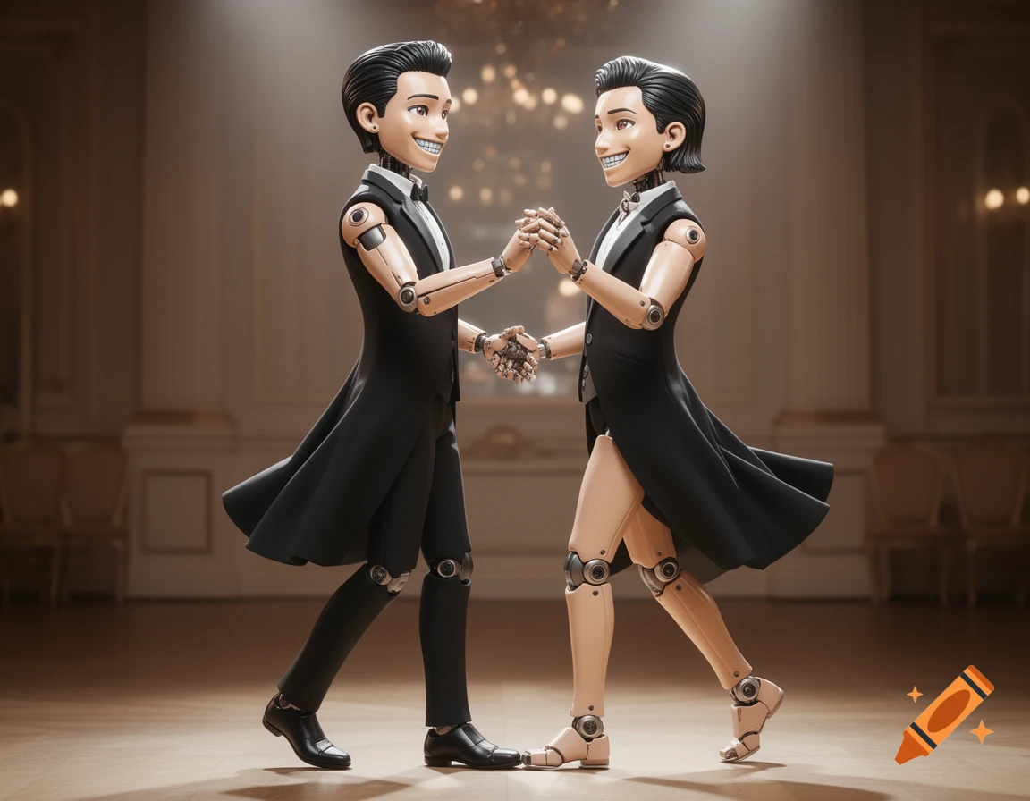 Photorealistic image of two anime-esque robots in tuxedos dancing in a ballroom.