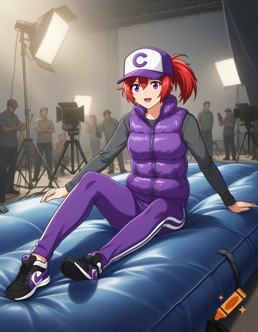Anime stuntwoman with red hair and a purple cap, sitting on a blue stunt mat on a movie set with studio lights.