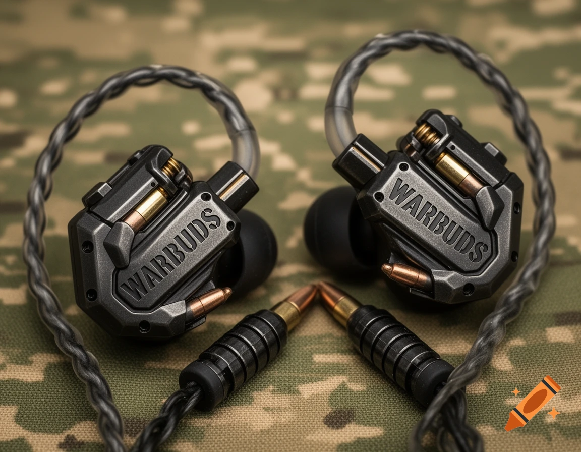 A pair of grey 'WARBUDS' earbuds designed with bullet-like accents, lying on a camouflage fabric.