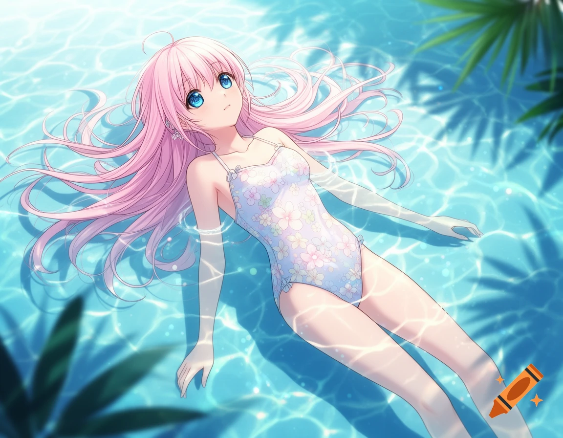 Anime girl with pink hair and blue eyes floating in a sunny pool, wearing a white floral swimsuit.