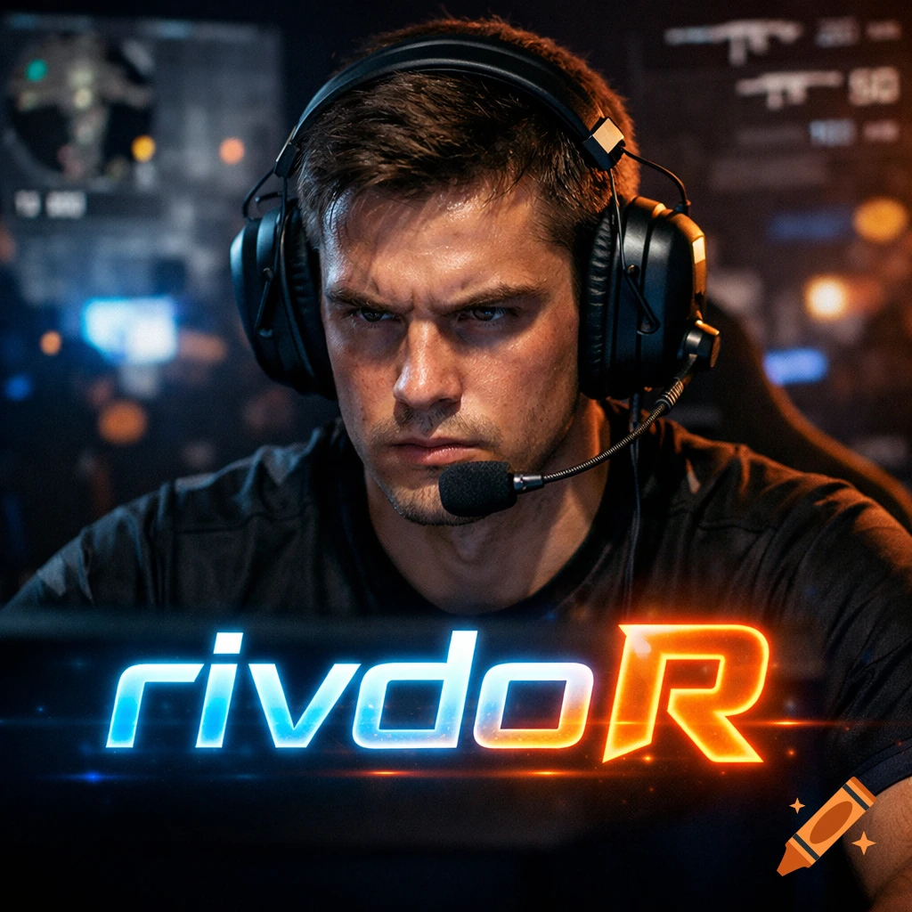 A focused male esports player in a headset gaming on a neon-lit stage, with glowing text 'rivdoR'.