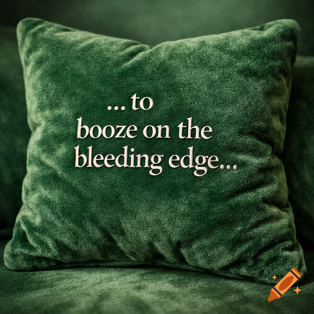 A close-up shot of a dark green velvet throw pillow with the white text '...to booze on the bleeding edge...' embroidered on it.