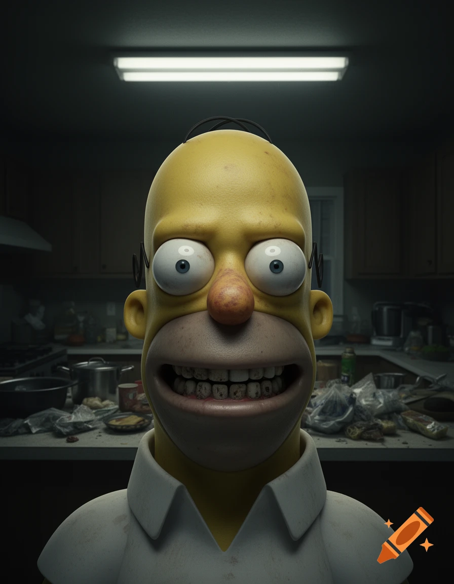 A hyperrealistic, disturbing portrayal of Homer Simpson with wide eyes and dirty teeth, smiling in a messy kitchen.