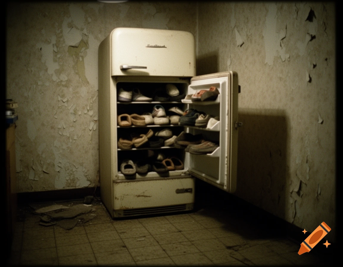 An old, dirty white refrigerator with its door open, revealing multiple shelves filled with various pairs of shoes inside, sits in a dark, dilapidated room with peeling walls and a tiled floor, captured in a low-quality, gritty photo style.