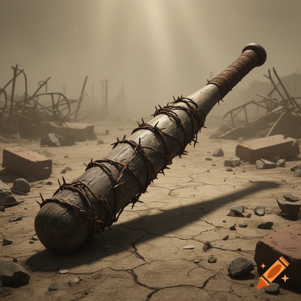A barbed wire-wrapped baseball bat rests on cracked earth in a dusty, hazy post-apocalyptic landscape with distant ruins.