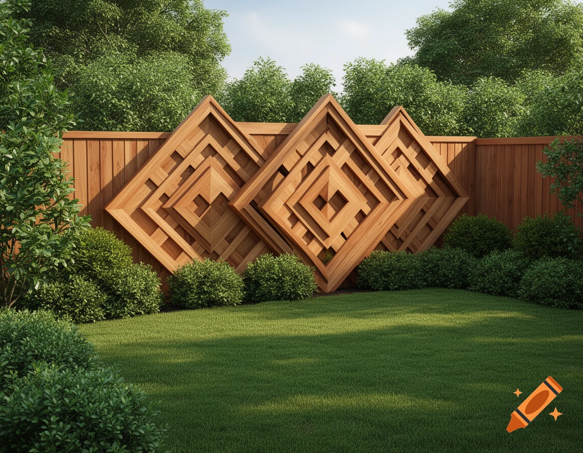 A sunny backyard with a decorative wooden fence featuring three large, layered diamond-shaped panels, green lawn, and bushes.