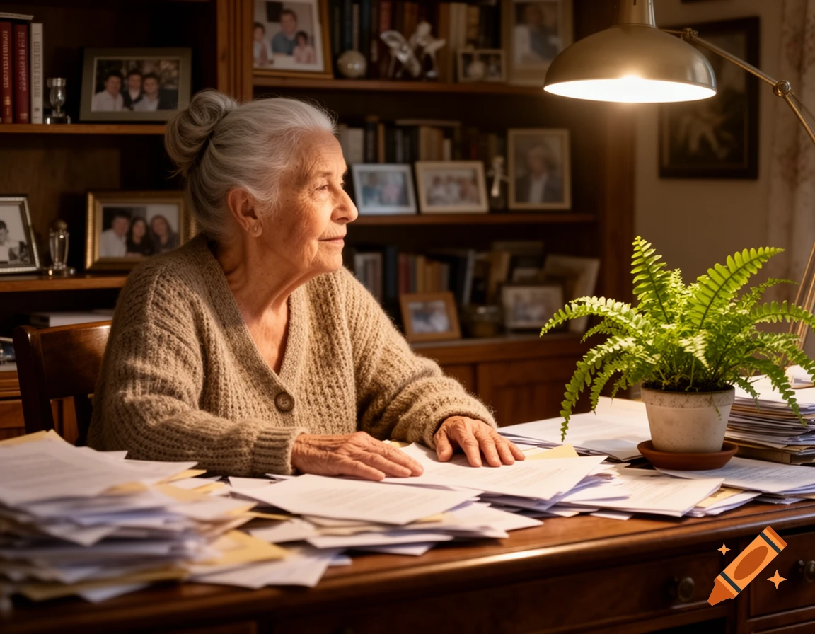 Elderly woman with white hair sits at a cluttered wooden desk, papers scattered, a plant nearby, and bookshelves behind her, looking to the side.