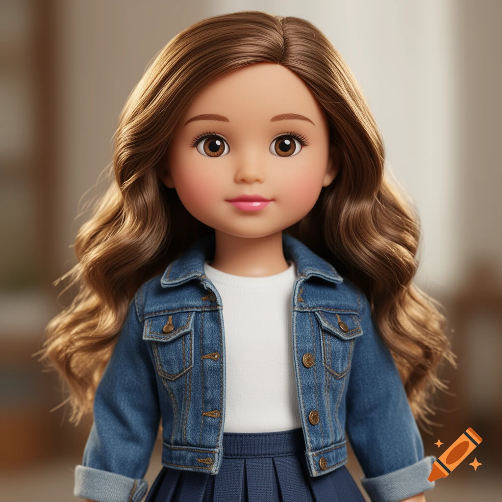 Photorealistic close-up of a doll with long brown hair, wearing a denim jacket and a navy pleated skirt.