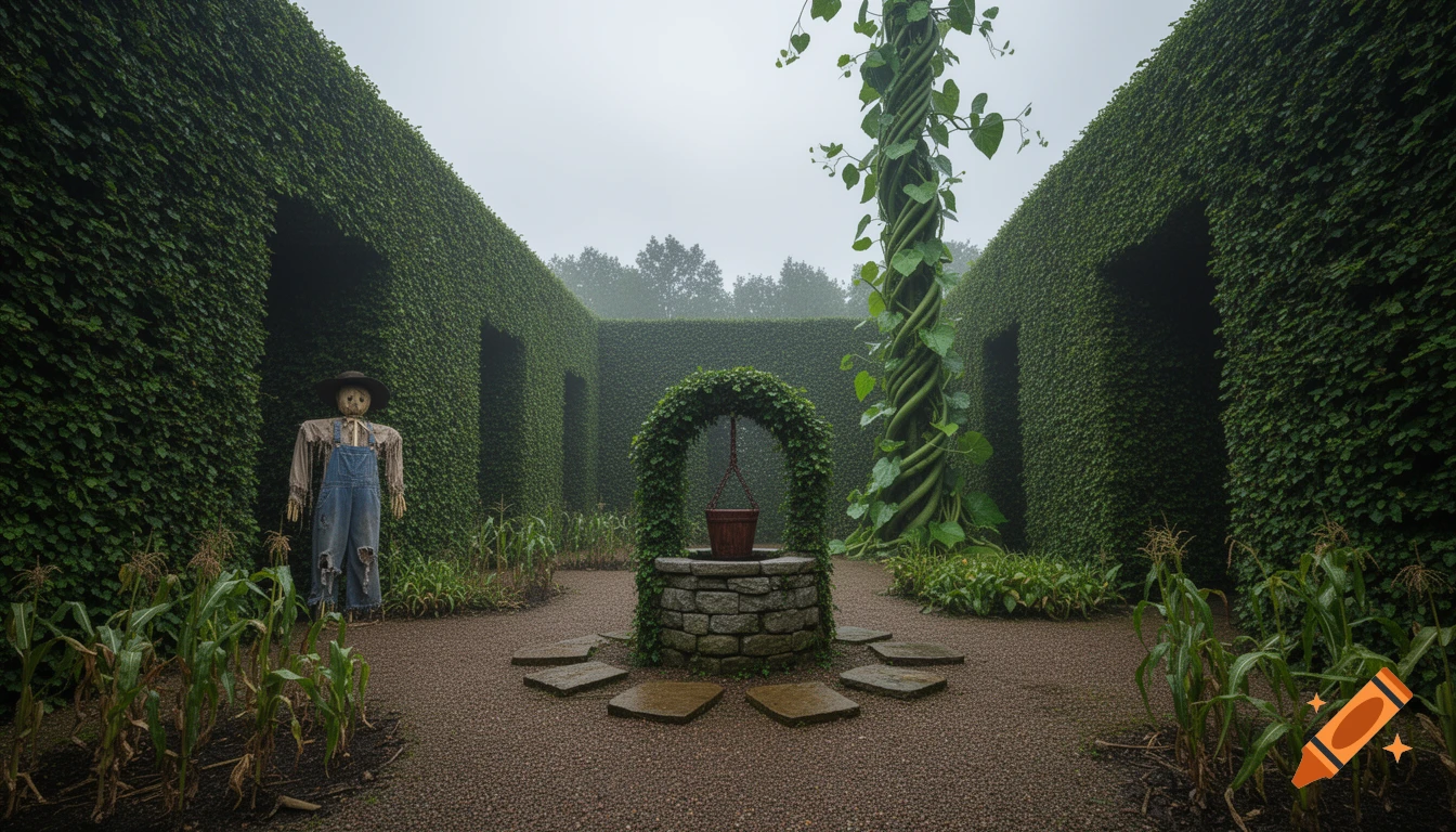 A foggy hedge maze with a scarecrow, a stone well covered in vines, and a giant beanstalk reaching into the sky.