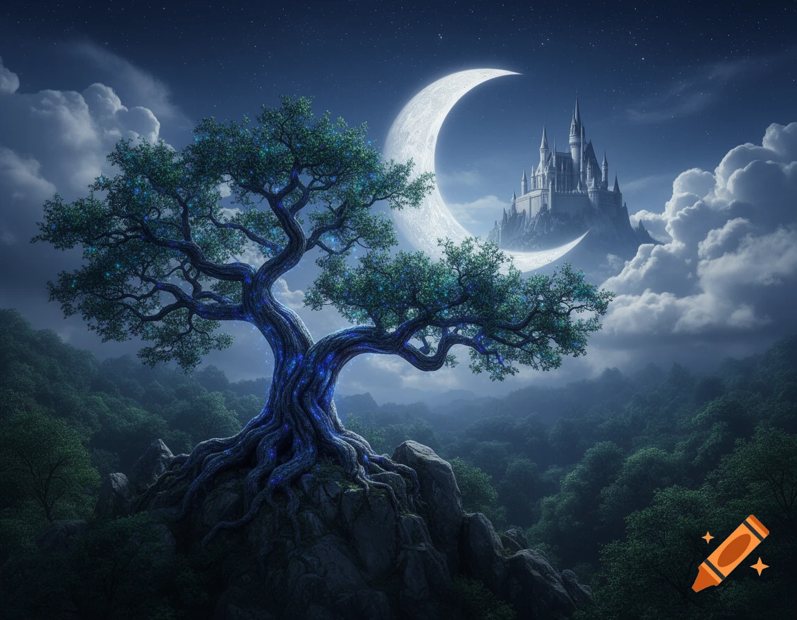An enchanted tree glowing blue on a rocky cliff, with a castle on a crescent moon in a dark fantasy landscape at night.